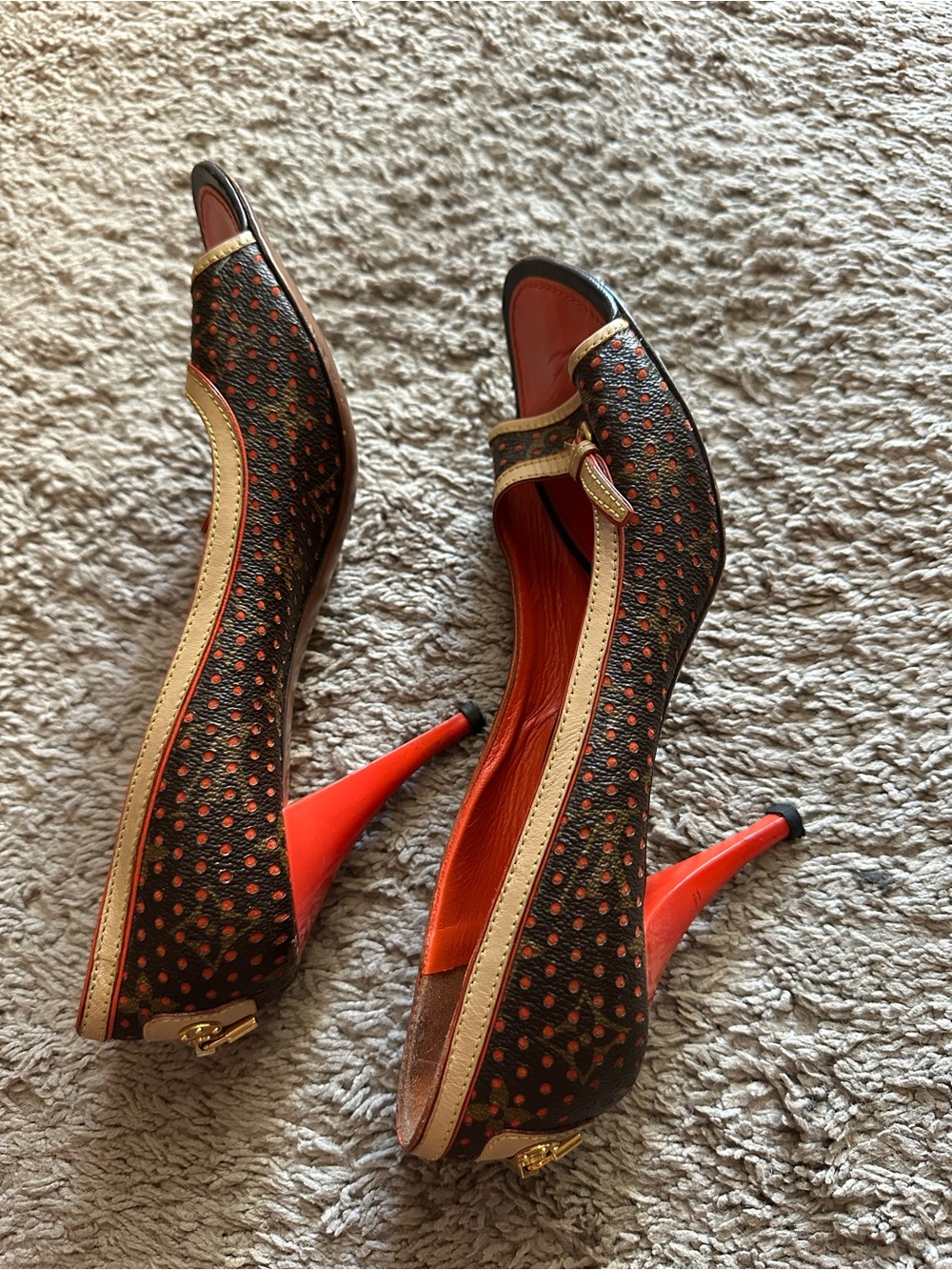 Louis Vuitton Monogram Perforated Peep Toe Heels Orange Size 39.5 Padlock - Picture 10 of 10